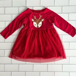 9M🦌❤️ Baby Girls Glitter Reindeer Tulle Skirt Red Long Sleeve Dress